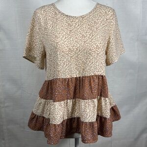 Papercrane  Cream Nutmeg Blouse Ruffled Cottagecore Calico Floral Babydoll Sz S